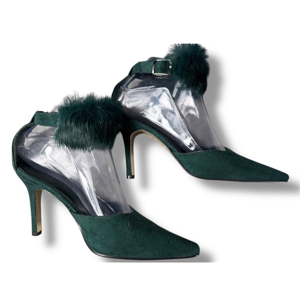 Pierre Dumas Heels Pumps Furry Ankle Strap Pointed Toe Green Size 6M